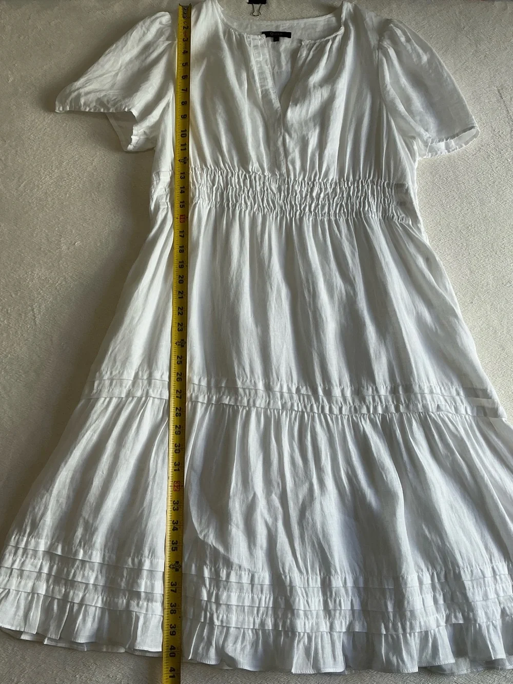 Quince White 100% Linen Smocked Tiered Midi Dress L Cottagecore Summer Boho - Picture 15 of 15